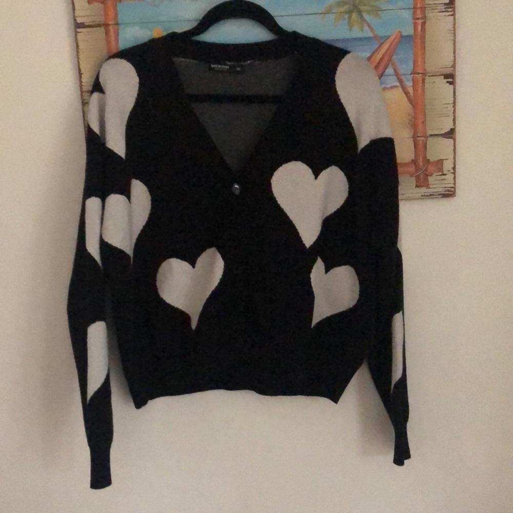 Black Cardigan Large White Hearts 1x